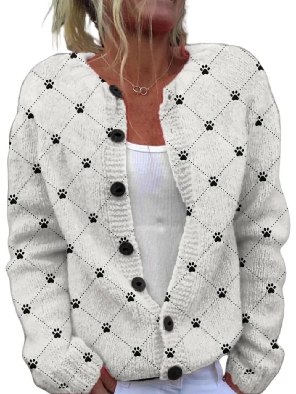 Women’s White Paw Print Argyle Diamond Knit Button Cardigan Sweater Top